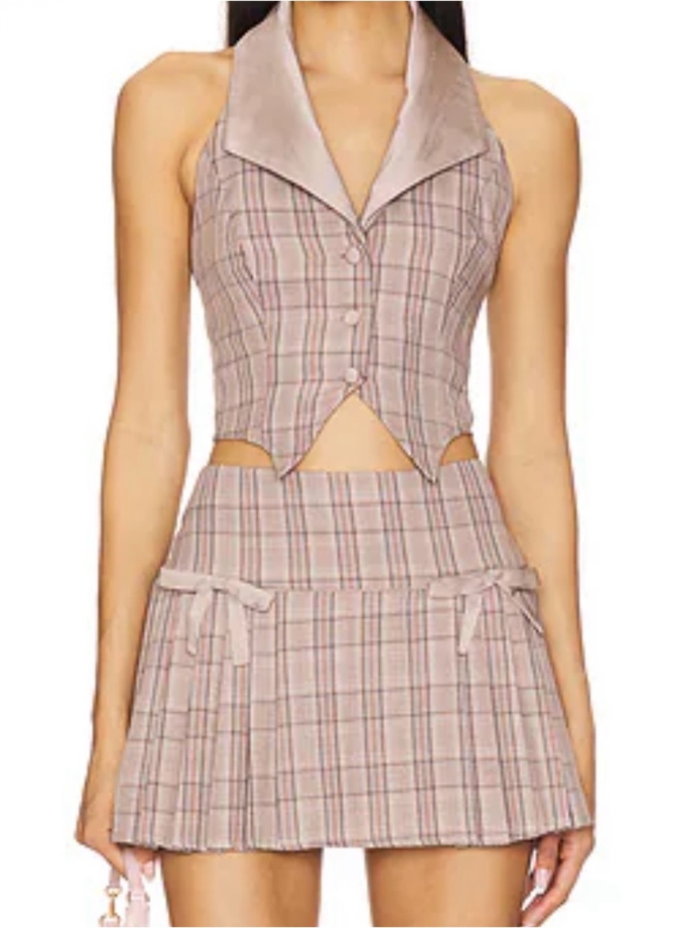 Plaid Mini Skirt in Taupe with Ribbon Detail from REVOLVE